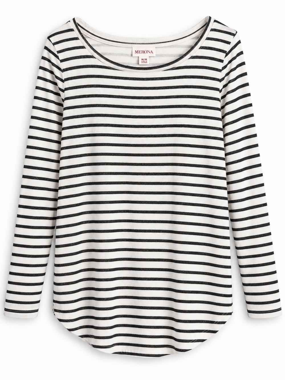 Merona Black & White Striped Long Sleeve Top Women’s M Scoop Neck Back Zip